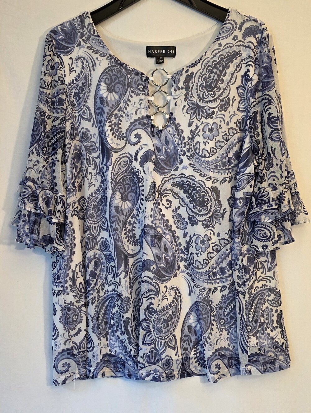 Harper Blue Paisley Ring-Detail Women's Top